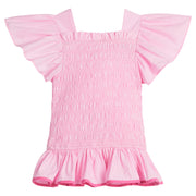 Girls/Tween woven top that has a ruching feature across middle for a stretchy but structured fit.Top is in a gorgeous light pink/bubblegum color that has angel sleeves and a hot pink trim at bottom to complete the look. 