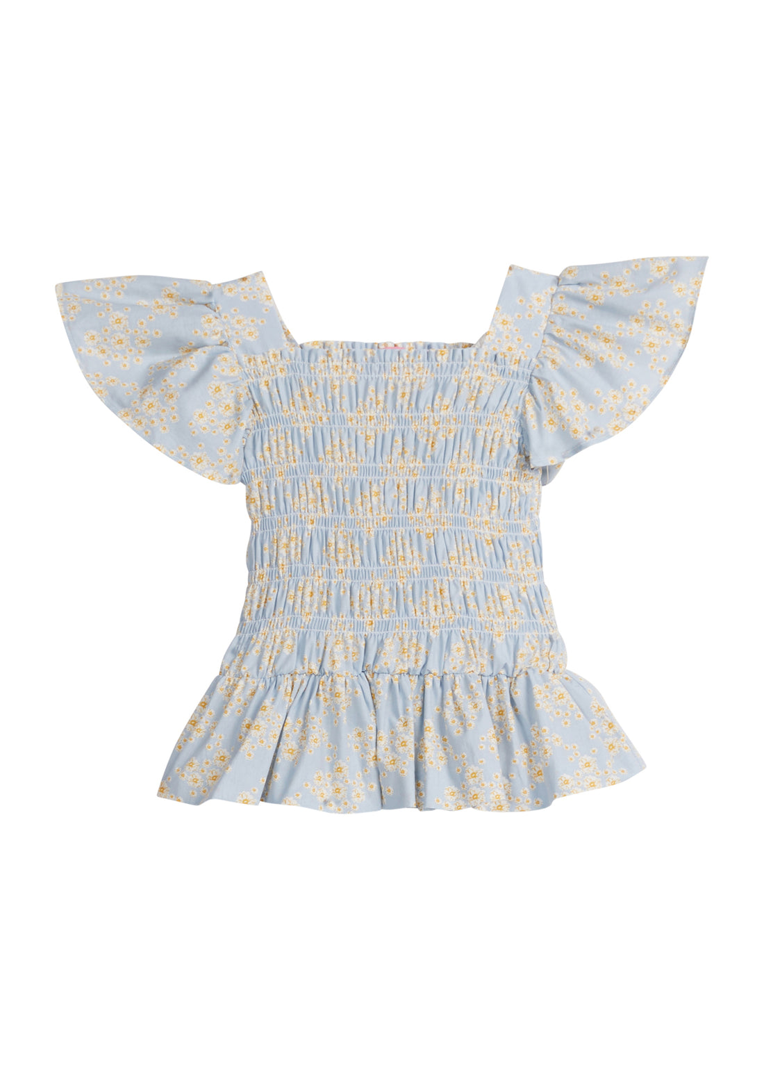 Girls/Tween woven top that has a ruching feature across middle of top. Top is made of yellow and white flowers printed on a light blue background and also features angel sleeves to complete the look. 