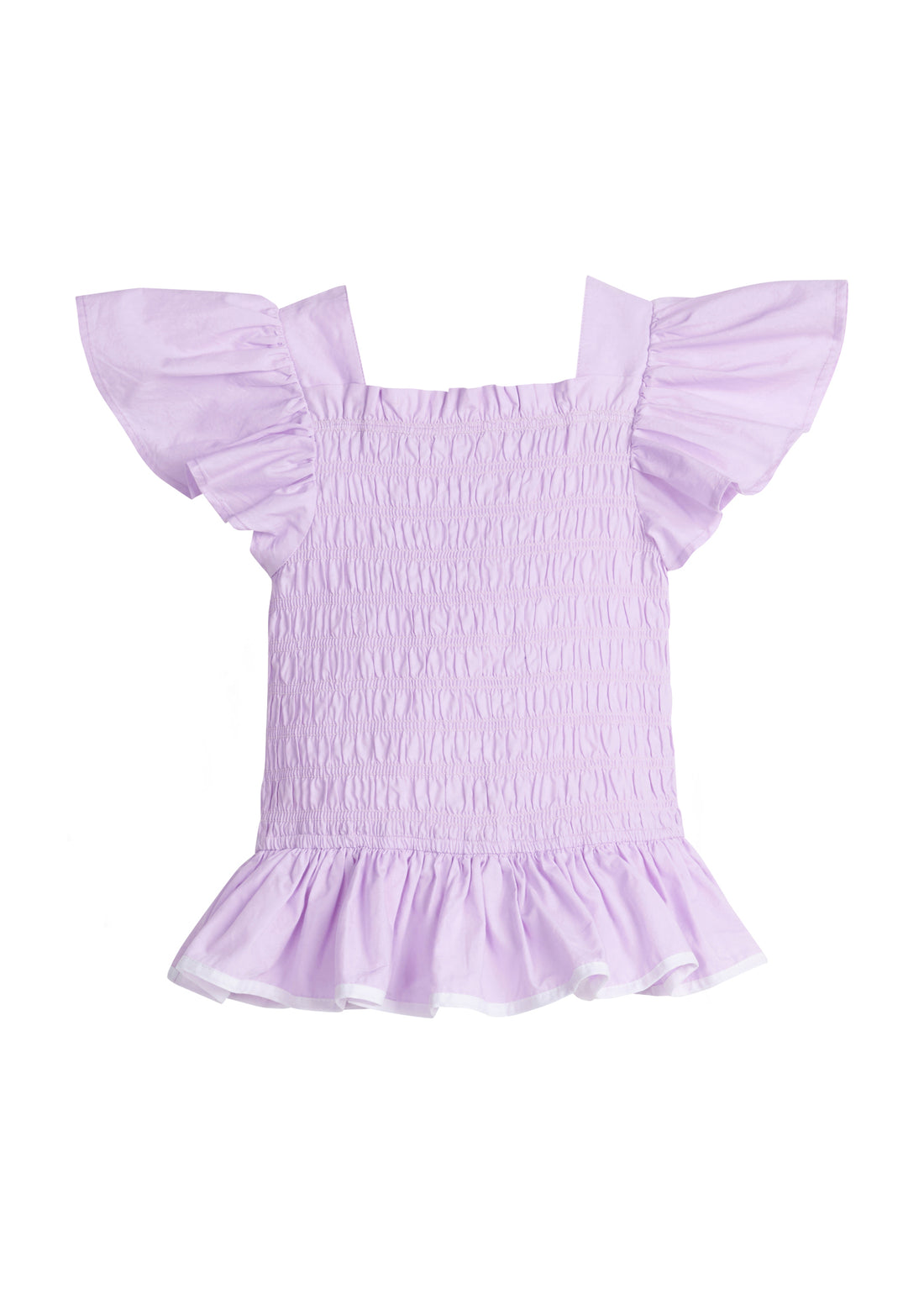 Girls/Tween woven top that has a ruching feature across middle for a stretchy but structured fit.Top is in a gorgeous lilac color that has angel sleeves and a white trim at bottom to complete the look. 