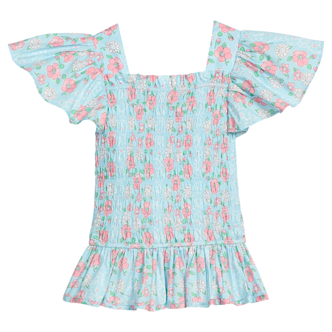 BISBY girl woven top in a pink and blue floral print. Top features smocking on the whole body of the shirt for a secure but comfy fit. 