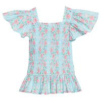 BISBY girl woven top in a pink and blue floral print. Top features smocking on the whole body of the shirt for a secure but comfy fit. 