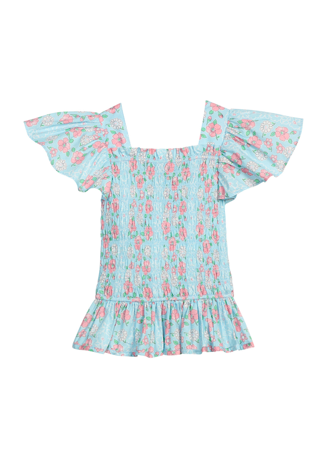 BISBY girl woven top in a pink and blue floral print. Top features smocking on the whole body of the shirt for a secure but comfy fit.