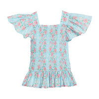 BISBY girl woven top in a pink and blue floral print. Top features smocking on the whole body of the shirt for a secure but comfy fit.