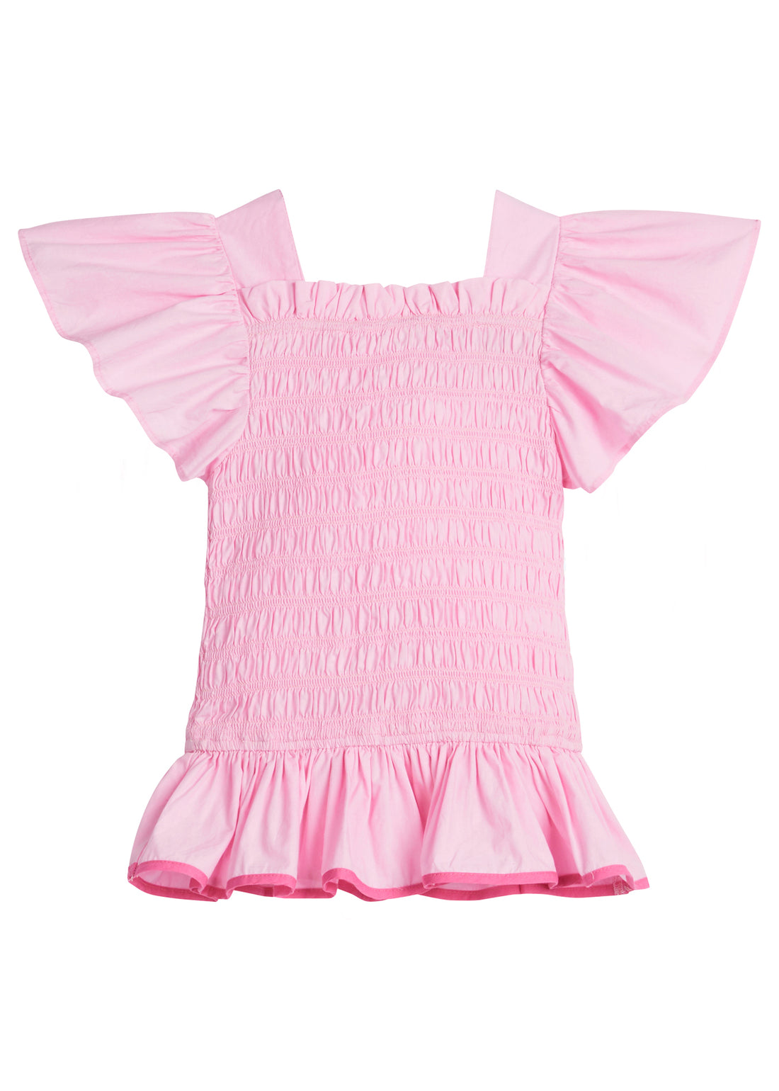 Girls/Tween woven top that has a ruching feature across middle for a stretchy but structured fit.Top is in a gorgeous light pink/bubblegum color that has angel sleeves and a hot pink trim at bottom to complete the look.