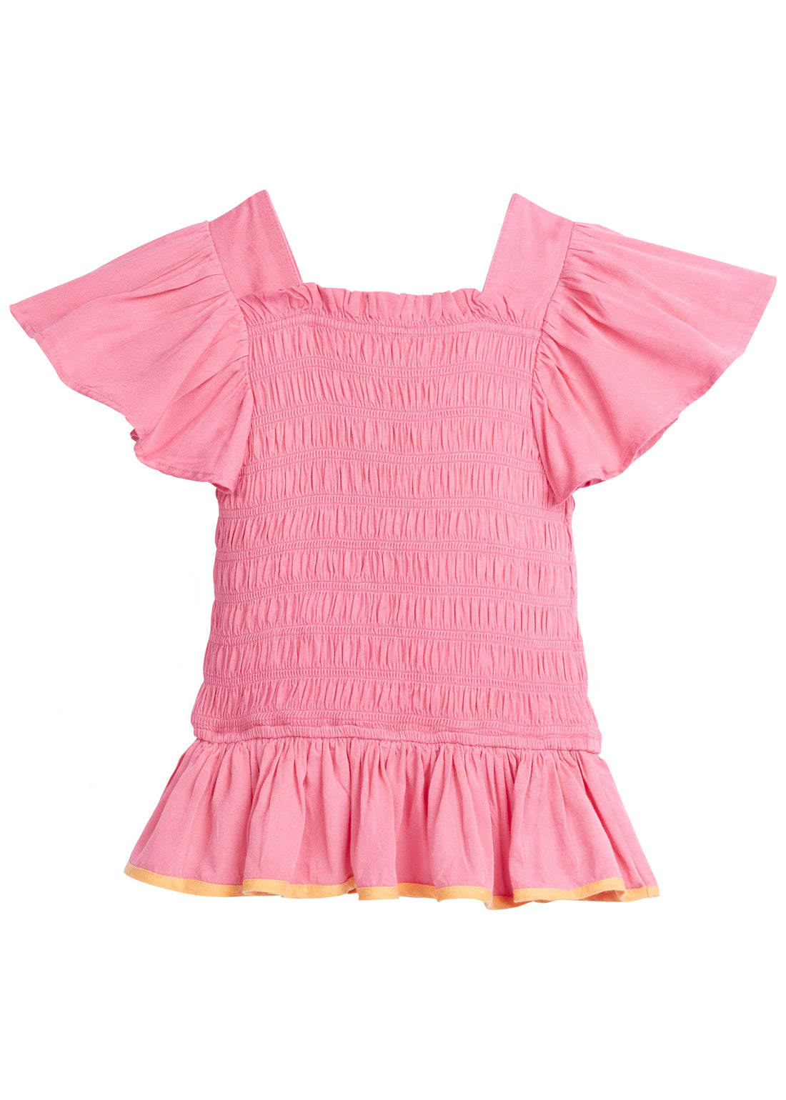 BISBY India Top in Pink features ruching along the body for loose and stretchy fit. It is made out of a soft rayon blend, with perfect angel sleeves for an extra wow factor. The bottom of the shirt has orange piping around the bottom to contrast with the light pink body.