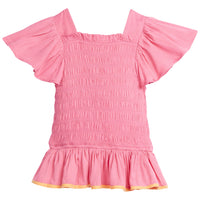 BISBY India Top in Pink features ruching along the body for loose and stretchy fit. It is made out of a soft rayon blend, with perfect angel sleeves for an extra wow factor. The bottom of the shirt has orange piping around the bottom to contrast with the light pink body.