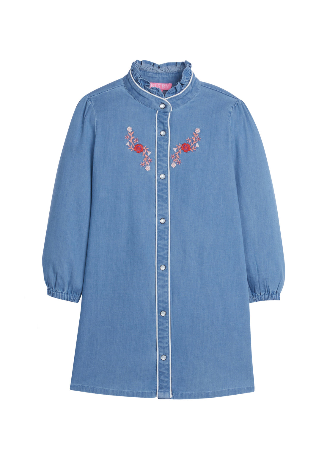 Girls/Tween dress featuring our chambray/thistle embroidery. Dress has pearlescent buttons along front, elastic on sleeve cuffs, and a ruffled neckline for a comfy flowy fit. Material resembles a blue jean material but is a soft woven feel-BISBY