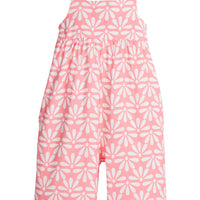 Girl/Tween knit jumpsuit in a salmon/pink and white floral print.This jumpsuit has adjustable woven straps and pockets for easy relaxed fit.
