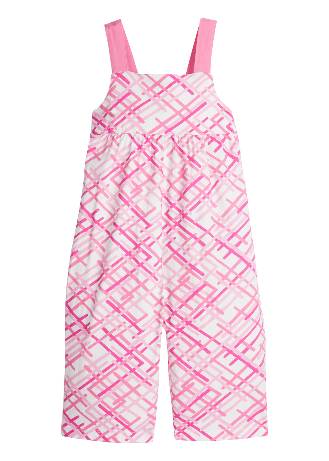 Girl/Tween knit jumpsuit in a hot pink/light pink zig zag pattern. This jumpsuit has adjustable hot pink woven straps and pockets for easy relaxed fit.