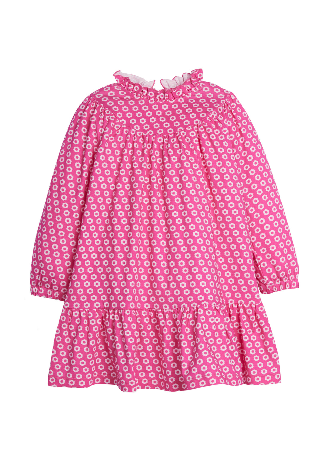 Girls/Tween knit dress in our Bougainvillea light pink/hot pink floral pattern. Dress features a high ruffle neckline and elastic on sleeve cuffs for a comfortable relaxed fit. Also has a single button enclosure on back of neck-BISBY