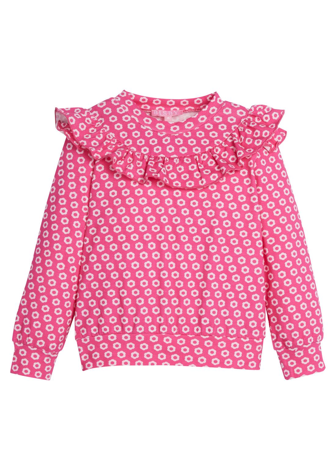 Girls/Tween knit top in our Bougainvillea light pink/hot pink floral. Top features ruffles along the bust area which continue along the backside as well. Material is super stretchy and lightweight for a comfortable fit-BISBY