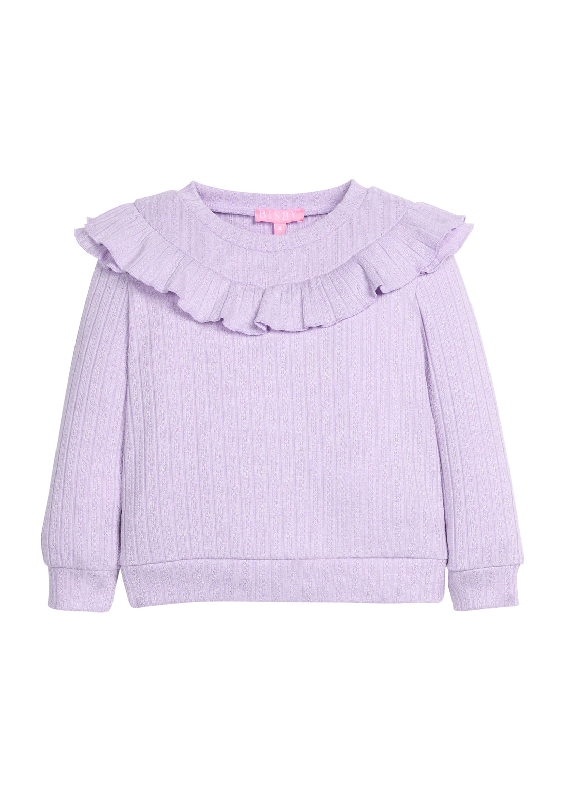 Girls cable knit lavender top that features a ruffle detail across bust/top of shirt.