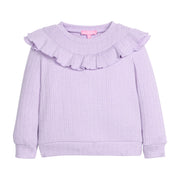 Girls cable knit lavender top that features a ruffle detail across bust/top of shirt.