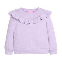 Girls cable knit lavender top that features a ruffle detail across bust/top of shirt.