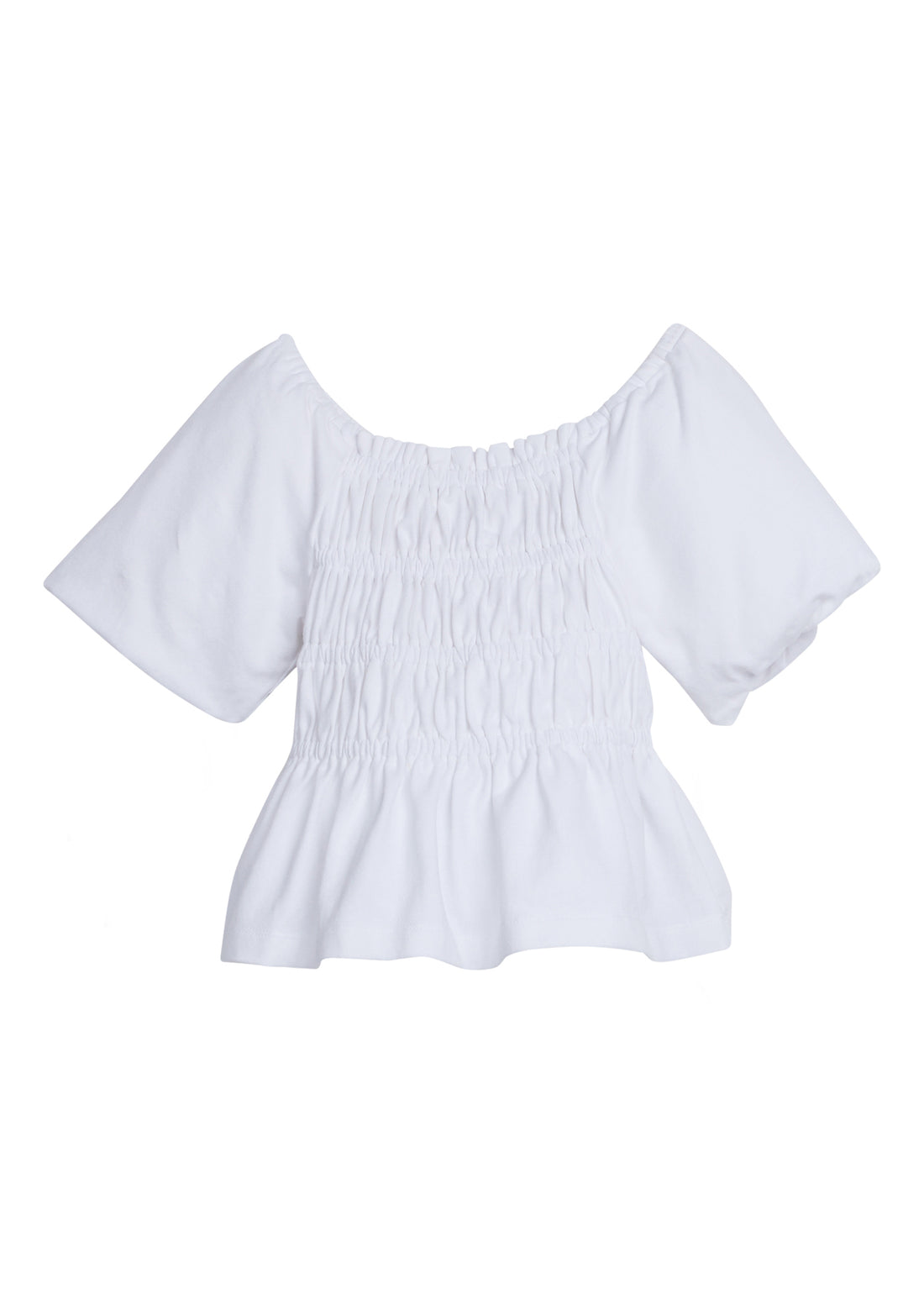 Girls/Tween knit top in white. Top is made of a thicker stretchy knit material that has ruching across middle and slight puff sleeves. 
