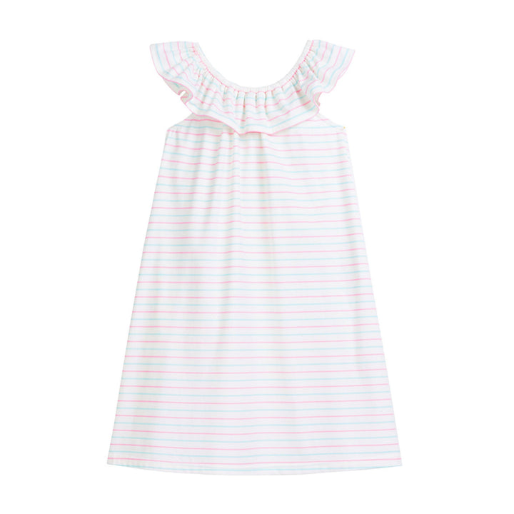 tween girls cotton shift dress with pink and aqua stripes with ruffles neckline 