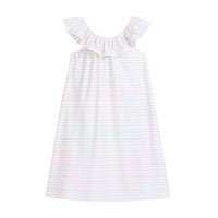 tween girls cotton shift dress with pink and aqua stripes with ruffles neckline 