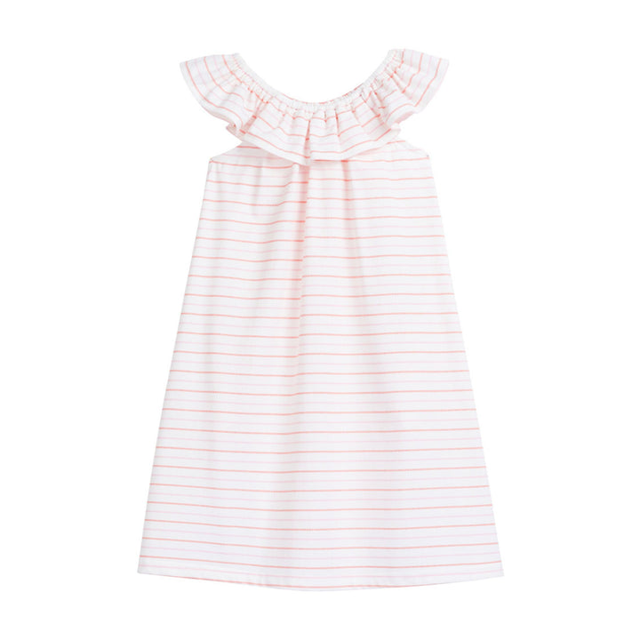 tween girls cotton shift dress in pink and rust stripes with ruffle neckline 