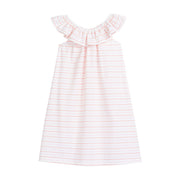 tween girls cotton shift dress in pink and rust stripes with ruffle neckline 