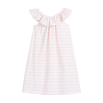 tween girls cotton shift dress in pink and rust stripes with ruffle neckline 