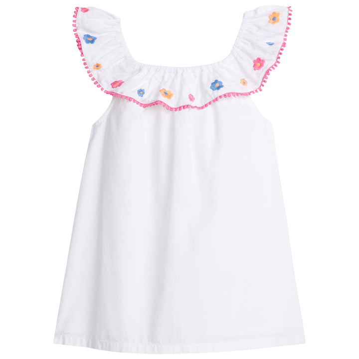 Girl/tween tank top with ruffle neckline and yellow, blue, pink embroidery, also has pink pom poms around the neckline