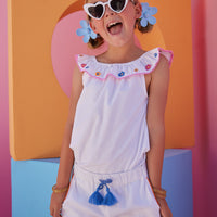 white embroidered ruffle tank top and coordinating scalloped shorts set for girls and tweens by bisby