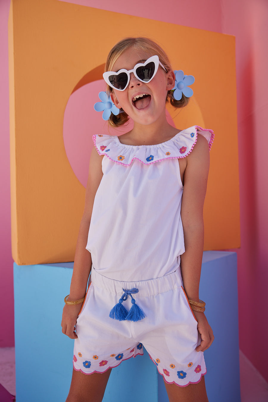 white embroidered ruffle tank top and coordinating scalloped shorts set for girls and tweens by bisby