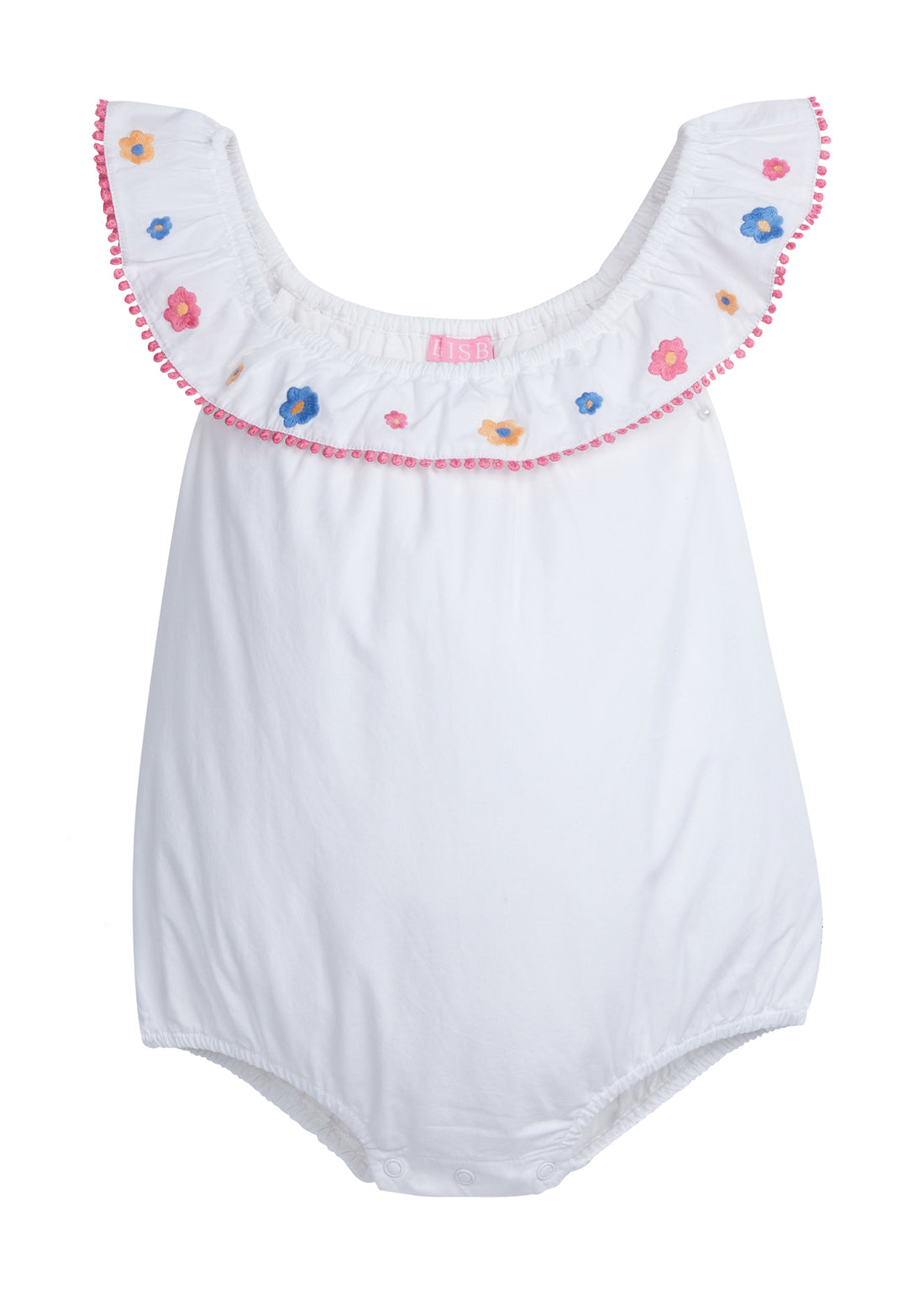 BISBY baby girl Kate bubble in out flower market embroidery. This bubble has a sweet ruffle neckline that has pink pom poms lining the edge. It also has our beautiful pink, blue, and yellow flowers embroidered along the neckline.