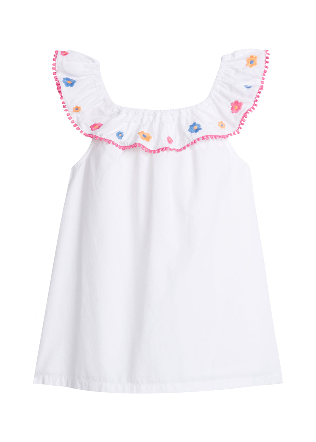 Girl/tween tank top with ruffle neckline and yellow, blue, pink embroidery, also has pink pom poms around the neckline