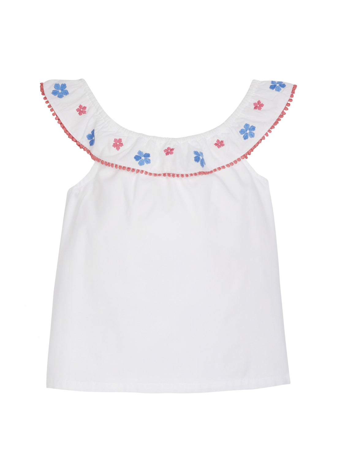tween girls white tip with embroidered and pom pom trim neckline