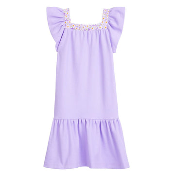 tween girls drop hem dress with floral trim around the neck