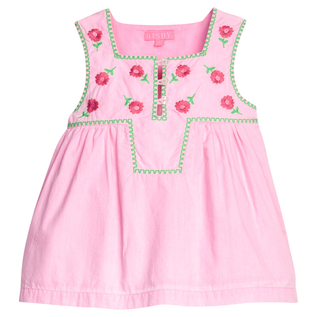BISBY girl woven tank top in a bubblegum pink color. Top features button closure along front, pink and green floral embroidery at top of shirt, and green embroidered piping detail for an elevated look. 