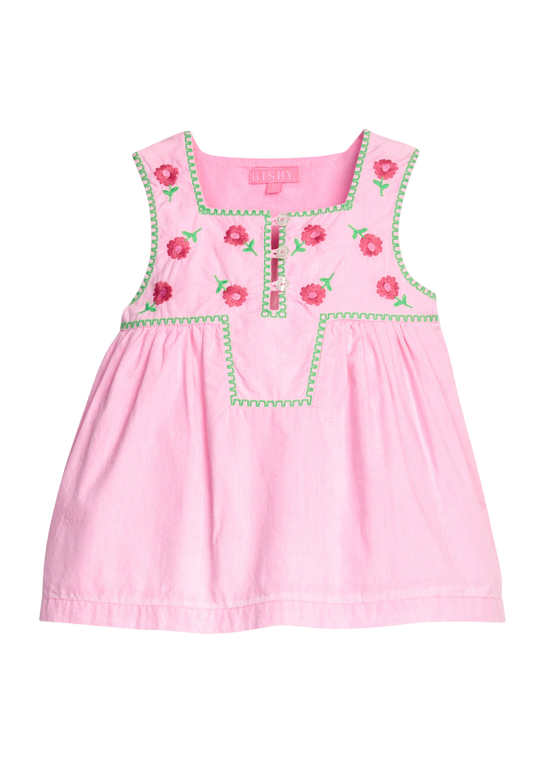 BISBY girl woven tank top in a bubblegum pink color. Top features button closure along front, pink and green floral embroidery at top of shirt, and green embroidered piping detail for an elevated look. 