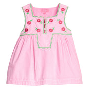 BISBY girl woven tank top in a bubblegum pink color. Top features button closure along front, pink and green floral embroidery at top of shirt, and green embroidered piping detail for an elevated look. 