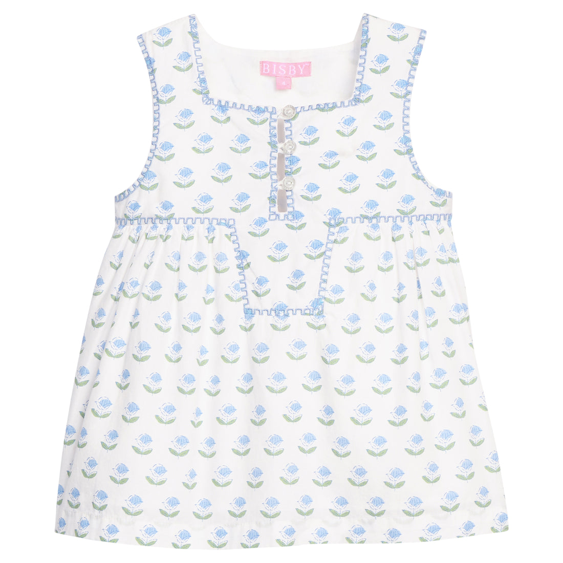 BISBY girl woven tank top in a white/blue/green floral print. Top features button closure along front, blue and green floral printed all over shirt, and blue embroidered piping detail for an elevated look. 