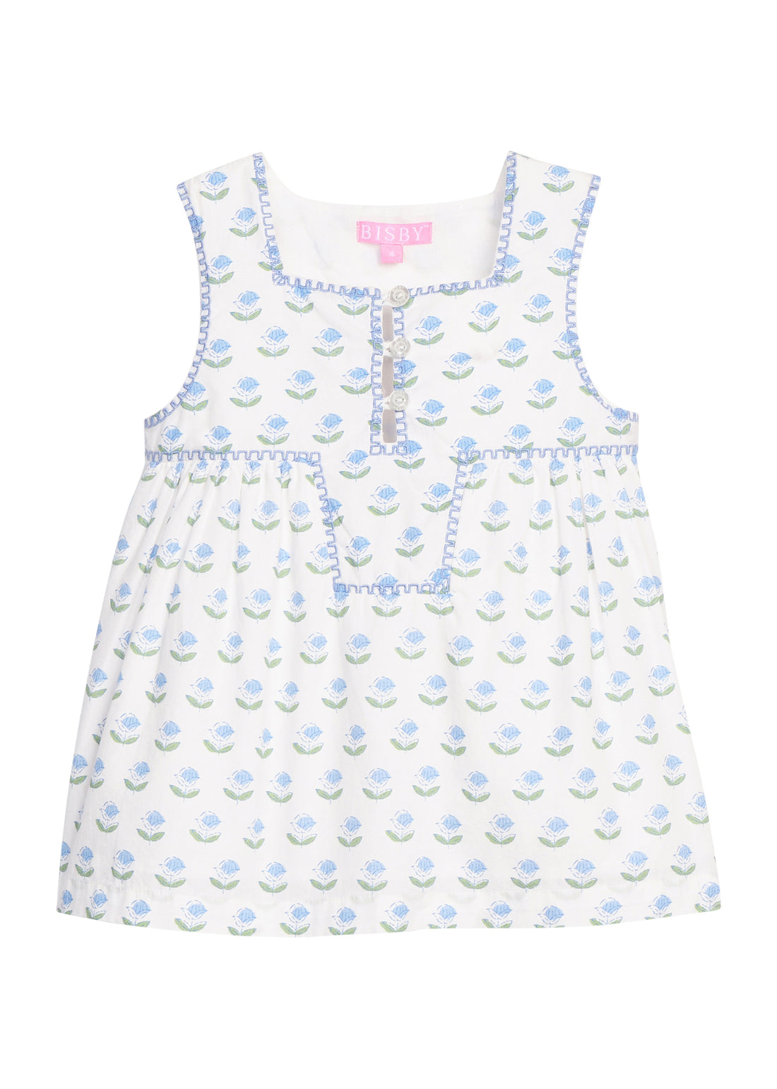 BISBY girl woven tank top in a white/blue/green floral print. Top features button closure along front, blue and green floral printed all over shirt, and blue embroidered piping detail for an elevated look. 