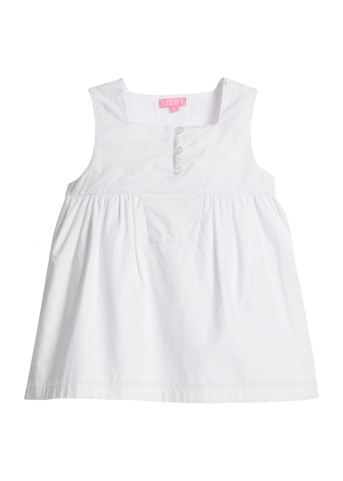 Girls/Tween tank top in white that is made of a lightweight and soft woven material. Top features three buttons along neckline for a secure fit and also features a keystone detail for an elevated look.