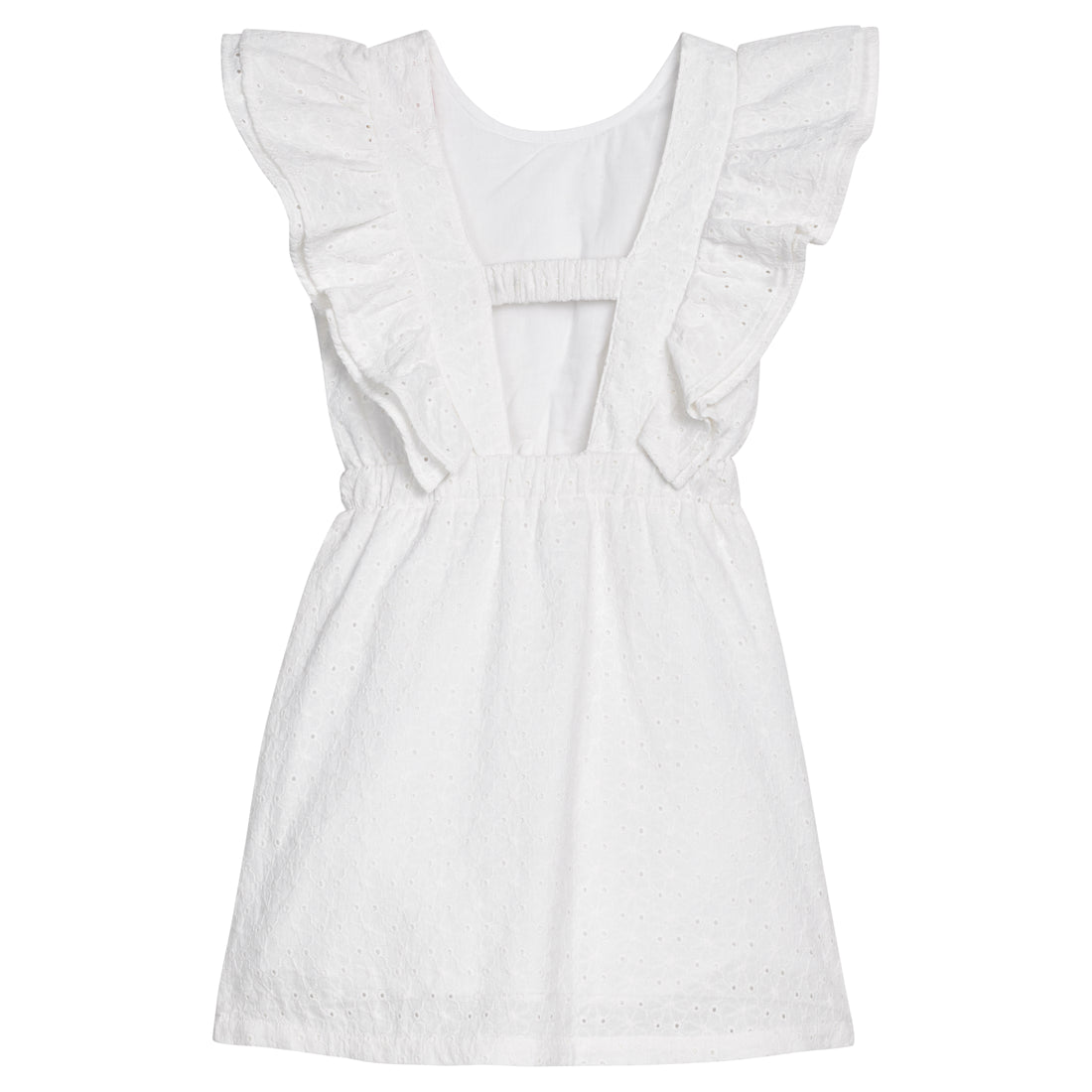 BISBY girl woven white embroidered dress. Dress features angel sleeves, elastic waistband, and elastic strap at back for a secure but relaxed fit. 