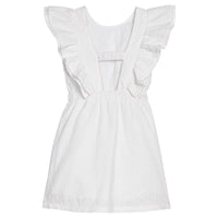 BISBY girl woven white embroidered dress. Dress features angel sleeves, elastic waistband, and elastic strap at back for a secure but relaxed fit. 