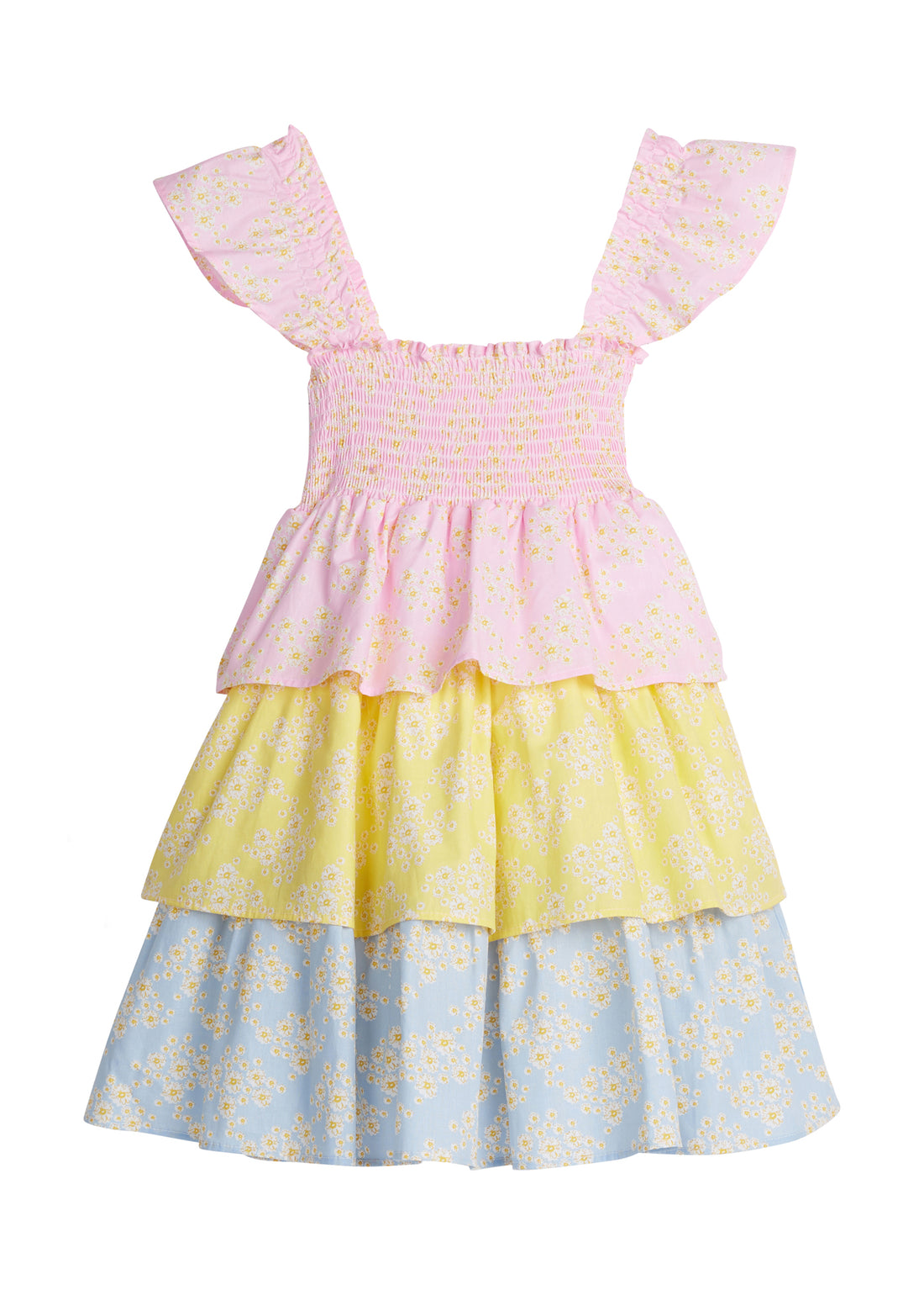Girls/Tween woven tiered dress that features a stretchy ruching detail across bust and three tiers of a combination of pink/yellow/and blue floral patterns. Dress also features angel sleeve detail at straps for the finishing touch. 