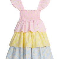 Girls/Tween woven tiered dress that features a stretchy ruching detail across bust and three tiers of a combination of pink/yellow/and blue floral patterns. Dress also features angel sleeve detail at straps for the finishing touch. 