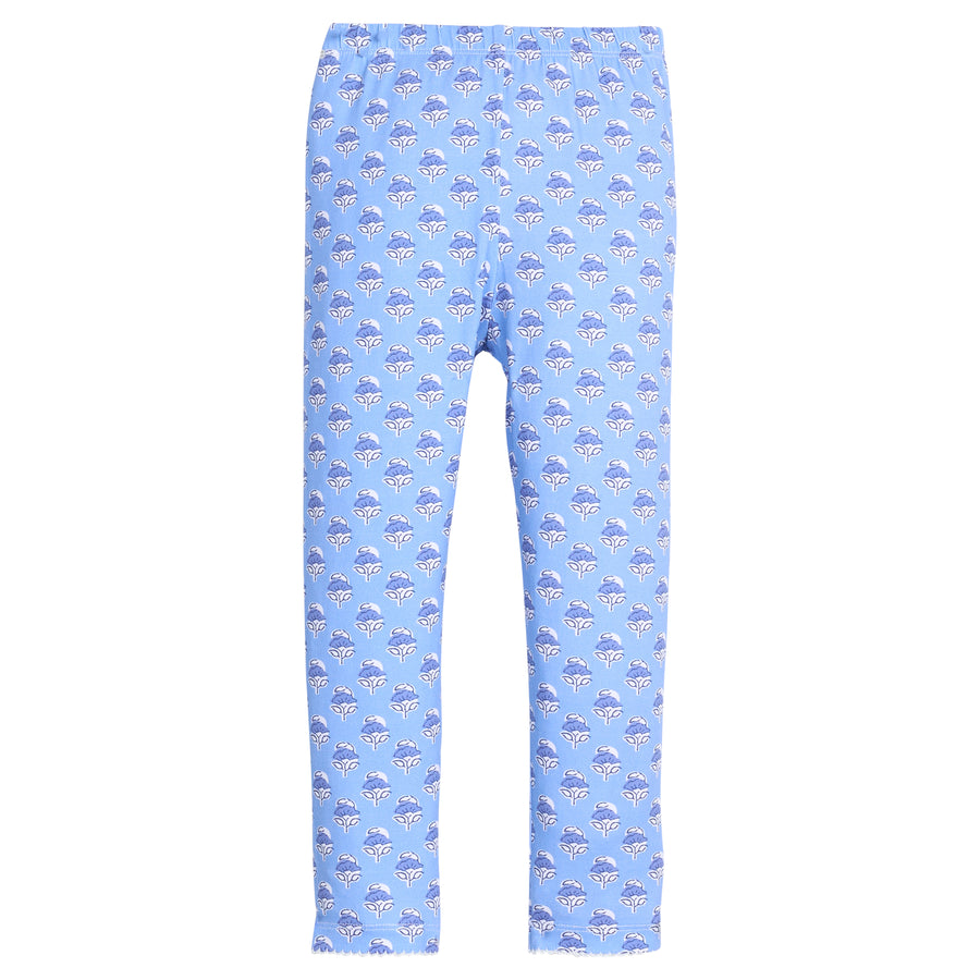 Light blue leggings with a floral pattern that feature elastic waistband and white stitching at bottom of legs for an elevated look. 
