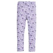 Girls purple floral knit leggings that feature an elastic waistband and white stitching detail at end of legs for an elevated look. 