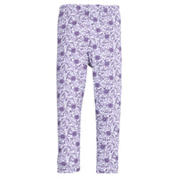 Girls purple floral knit leggings that feature an elastic waistband and white stitching detail at end of legs for an elevated look. 