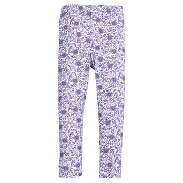 Girls purple floral knit leggings that feature an elastic waistband and white stitching detail at end of legs for an elevated look. 