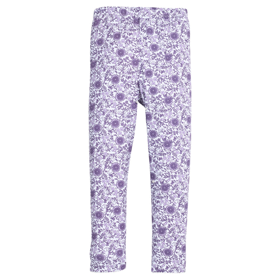 Girls purple floral knit leggings that feature an elastic waistband and white stitching detail at end of legs for an elevated look. 