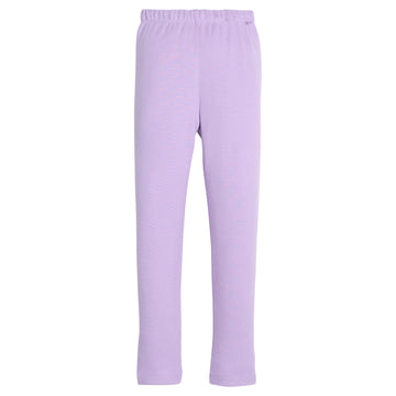 Girls purple knit leggings that feature an elastic waistband for easy put on access. 