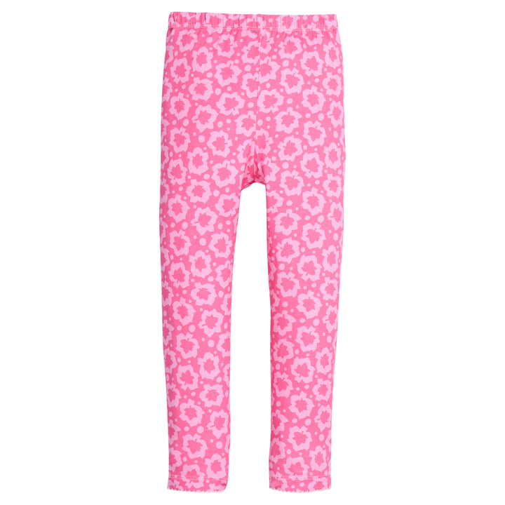 Pink leggings with a floral pattern on a white background