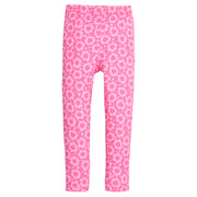 Girls/tween hot pink and light pink floral leggings that feature an elastic waist and white stitch detail at trim of legs  to elevate the look. 