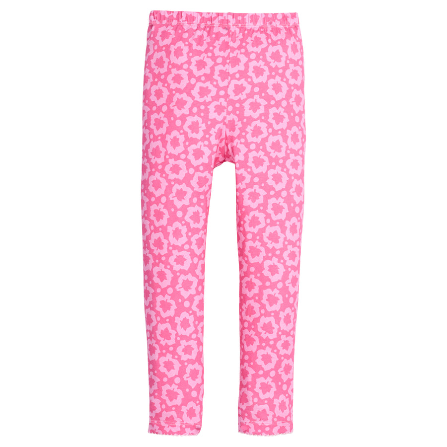Girls/tween hot pink and light pink floral leggings that feature an elastic waist and white stitch detail at trim of legs  to elevate the look. 